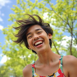 A person with a joyful expression, laughing heartily, surrounded by a beautiful, sunny outdoor setting