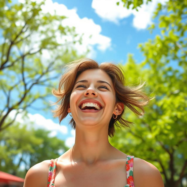 A person with a joyful expression, laughing heartily, surrounded by a beautiful, sunny outdoor setting