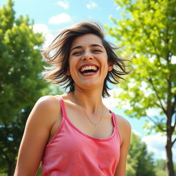 A person with a joyful expression, laughing heartily, surrounded by a beautiful, sunny outdoor setting