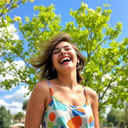 A person with a joyful expression, laughing heartily, surrounded by a beautiful, sunny outdoor setting