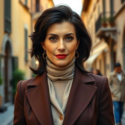 A 39-year-old woman with dark hair and distinct Italian features, fully dressed in elegant and fashionable clothing