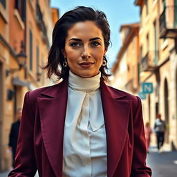 A 39-year-old woman with dark hair and distinct Italian features, fully dressed in elegant and fashionable clothing