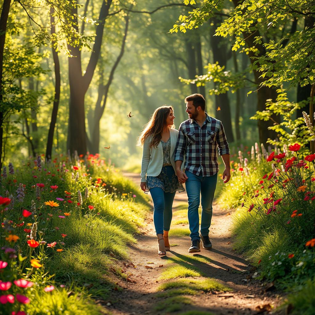 A romantic path in a beautiful forest, sunlight filtering through the leaves creating a dappled light effect on the ground, a couple walking hand in hand, surrounded by blooming wildflowers in vibrant colors, expressing love and connection