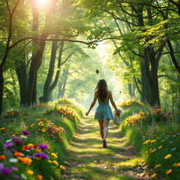 A romantic path in a beautiful forest, sunlight filtering through the leaves creating a dappled light effect on the ground, a couple walking hand in hand, surrounded by blooming wildflowers in vibrant colors, expressing love and connection
