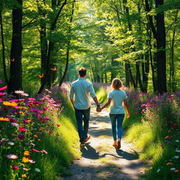 A romantic path in a beautiful forest, sunlight filtering through the leaves creating a dappled light effect on the ground, a couple walking hand in hand, surrounded by blooming wildflowers in vibrant colors, expressing love and connection