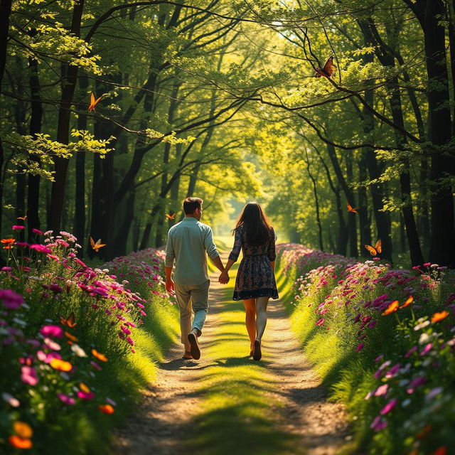 A romantic path in a beautiful forest, sunlight filtering through the leaves creating a dappled light effect on the ground, a couple walking hand in hand, surrounded by blooming wildflowers in vibrant colors, expressing love and connection