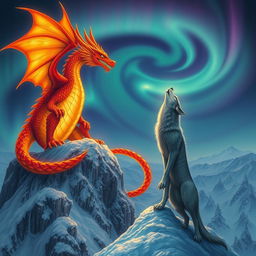 A magnificent fiery dragon, its scales glowing with vibrant shades of red and gold, elegantly perches on a rugged snowy cliff, its fierce gaze directed at the serene landscape below