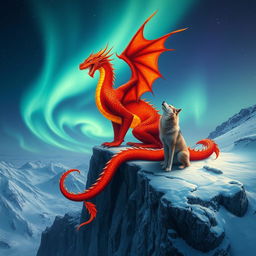 A magnificent fiery dragon, its scales glowing with vibrant shades of red and gold, elegantly perches on a rugged snowy cliff, its fierce gaze directed at the serene landscape below