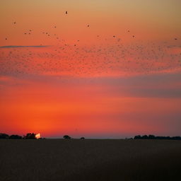 A serene sunset over a wheat field with the silhouettes of birds in flight supporting a crimson and gold skyline.