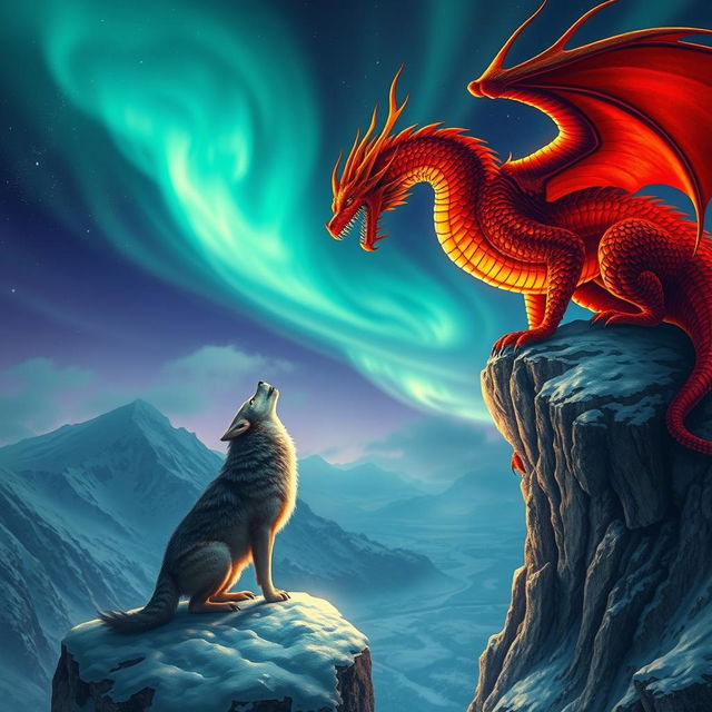 A magnificent fiery dragon, its scales glowing with vibrant shades of red and gold, elegantly perches on a rugged snowy cliff, its fierce gaze directed at the serene landscape below