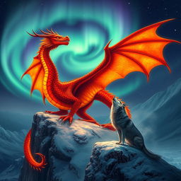 A magnificent fiery dragon, its scales glowing with vibrant shades of red and gold, elegantly perches on a rugged snowy cliff, its fierce gaze directed at the serene landscape below