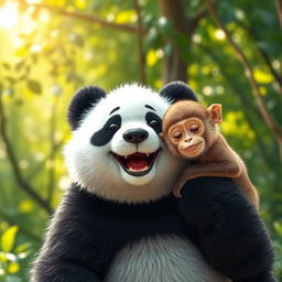 An adorable scene featuring a panda with a joyful expression and a monkey resting its head on the panda's shoulder