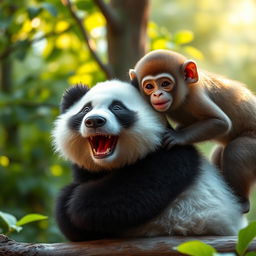 An adorable scene featuring a panda with a joyful expression and a monkey resting its head on the panda's shoulder