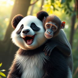 An adorable scene featuring a panda with a joyful expression and a monkey resting its head on the panda's shoulder