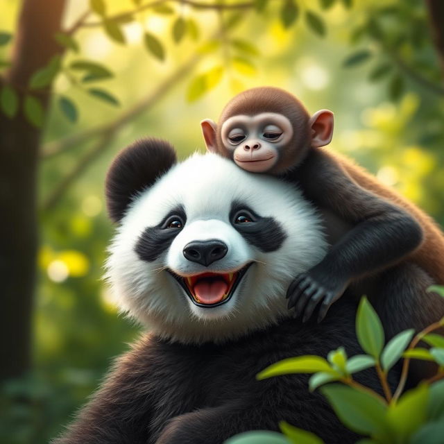 An adorable scene featuring a panda with a joyful expression and a monkey resting its head on the panda's shoulder