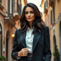 A 39-year-old woman with dark hair and authentic Italian features, fully dressed in elegant and fashionable attire