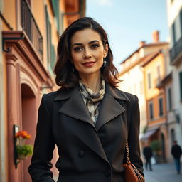A 39-year-old woman with dark hair and authentic Italian features, fully dressed in elegant and fashionable attire