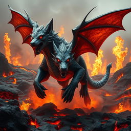 A fierce hybrid dragon-wolf, featuring a combination of sleek fur and iridescent scales, charges powerfully through a volcanic battlefield