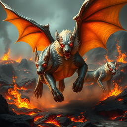 A fierce hybrid dragon-wolf, featuring a combination of sleek fur and iridescent scales, charges powerfully through a volcanic battlefield