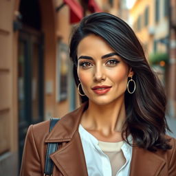 A 39-year-old woman with striking dark hair and authentic Italian features, fully dressed in stylish clothing