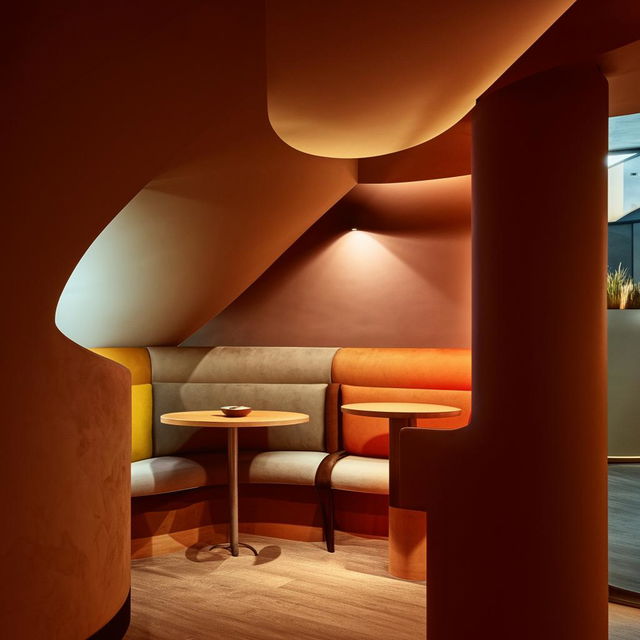 A cozy coffee corner tucked away under a set of round stairs, echoing modern interior design, soft lighting and comforting colors.