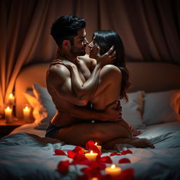 A passionate and intimate scene between two adults in a romantic bedroom setting, soft candlelight illuminating their expressions of love and desire