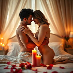 A passionate and intimate scene between two adults in a romantic bedroom setting, soft candlelight illuminating their expressions of love and desire