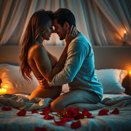 A passionate and intimate scene between two adults in a romantic bedroom setting, soft candlelight illuminating their expressions of love and desire