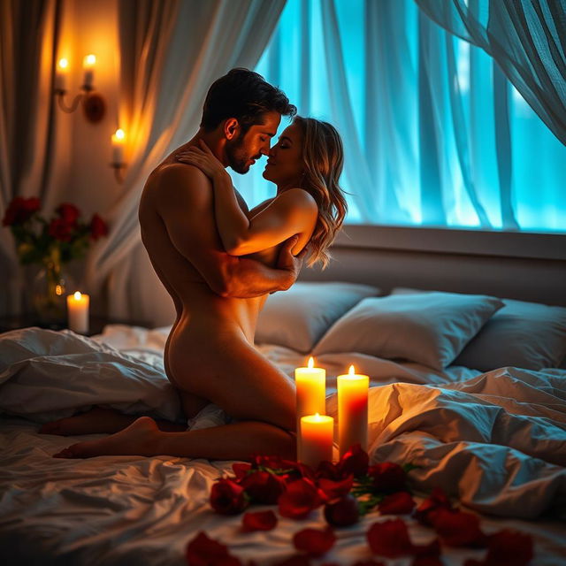 A passionate and intimate scene between two adults in a romantic bedroom setting, soft candlelight illuminating their expressions of love and desire