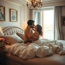 A romantic and intimate scene depicting a couple passionately embracing on a luxurious, well-decorated bed