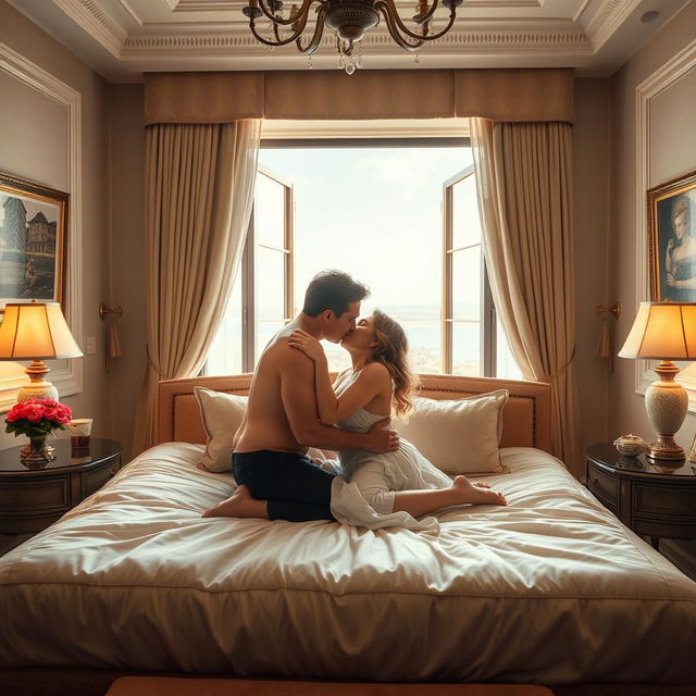 A romantic and intimate scene depicting a couple passionately embracing on a luxurious, well-decorated bed