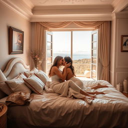 A romantic and intimate scene depicting a couple passionately embracing on a luxurious, well-decorated bed