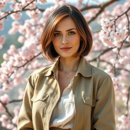 A 40-year-old Slavic woman with a short bob haircut in dark brown hair with a subtle copper tint, showcasing brown eyes adorned with long eyelashes and an even skin tone