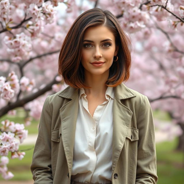 A 40-year-old Slavic woman with a short bob haircut in dark brown hair with a subtle copper tint, showcasing brown eyes adorned with long eyelashes and an even skin tone