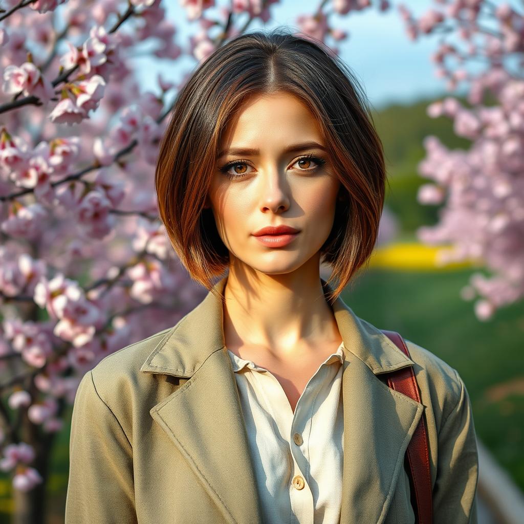 A 40-year-old Slavic woman with a short bob haircut in dark brown hair with a subtle copper tint, showcasing brown eyes adorned with long eyelashes and an even skin tone