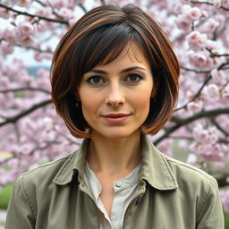 A 40-year-old Slavic woman with a short bob haircut in dark brown hair with a subtle copper tint, showcasing brown eyes adorned with long eyelashes and an even skin tone