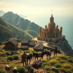 A picturesque scene depicting a poor rural village with simple houses and a primitive lifestyle nestled in green mountains