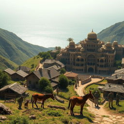 A picturesque scene depicting a poor rural village with simple houses and a primitive lifestyle nestled in green mountains