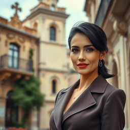 A 39-year-old woman with dark hair and authentic Italian features, fully dressed in stylish and elegant clothing