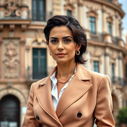A 39-year-old woman with dark hair and authentic Italian features, fully dressed in stylish and elegant clothing