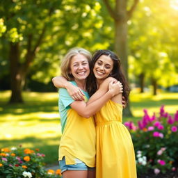 A heartwarming scene of two friends embracing in a joyful hug