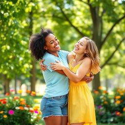A heartwarming scene of two friends embracing in a joyful hug