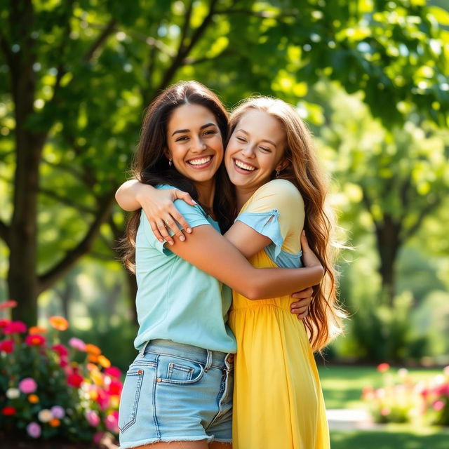 A heartwarming scene of two friends embracing in a joyful hug