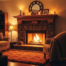 A cozy living room scene featuring a beautifully decorated fireplace with bright, roaring flames