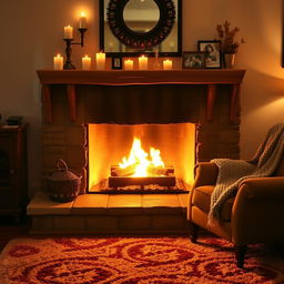 A cozy living room scene featuring a beautifully decorated fireplace with bright, roaring flames