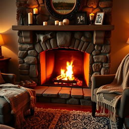 A cozy living room scene featuring a beautifully decorated fireplace with bright, roaring flames