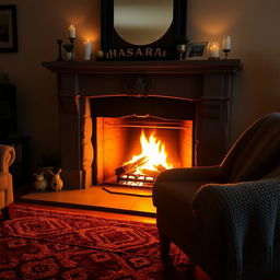 A cozy living room scene featuring a beautifully decorated fireplace with bright, roaring flames