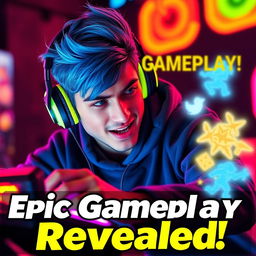 A vibrant and eye-catching YouTube thumbnail featuring a confident young adult male gamer with bright blue hair and stylish anime-inspired headphones
