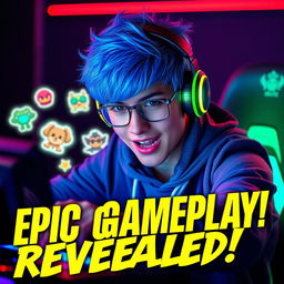 A vibrant and eye-catching YouTube thumbnail featuring a confident young adult male gamer with bright blue hair and stylish anime-inspired headphones