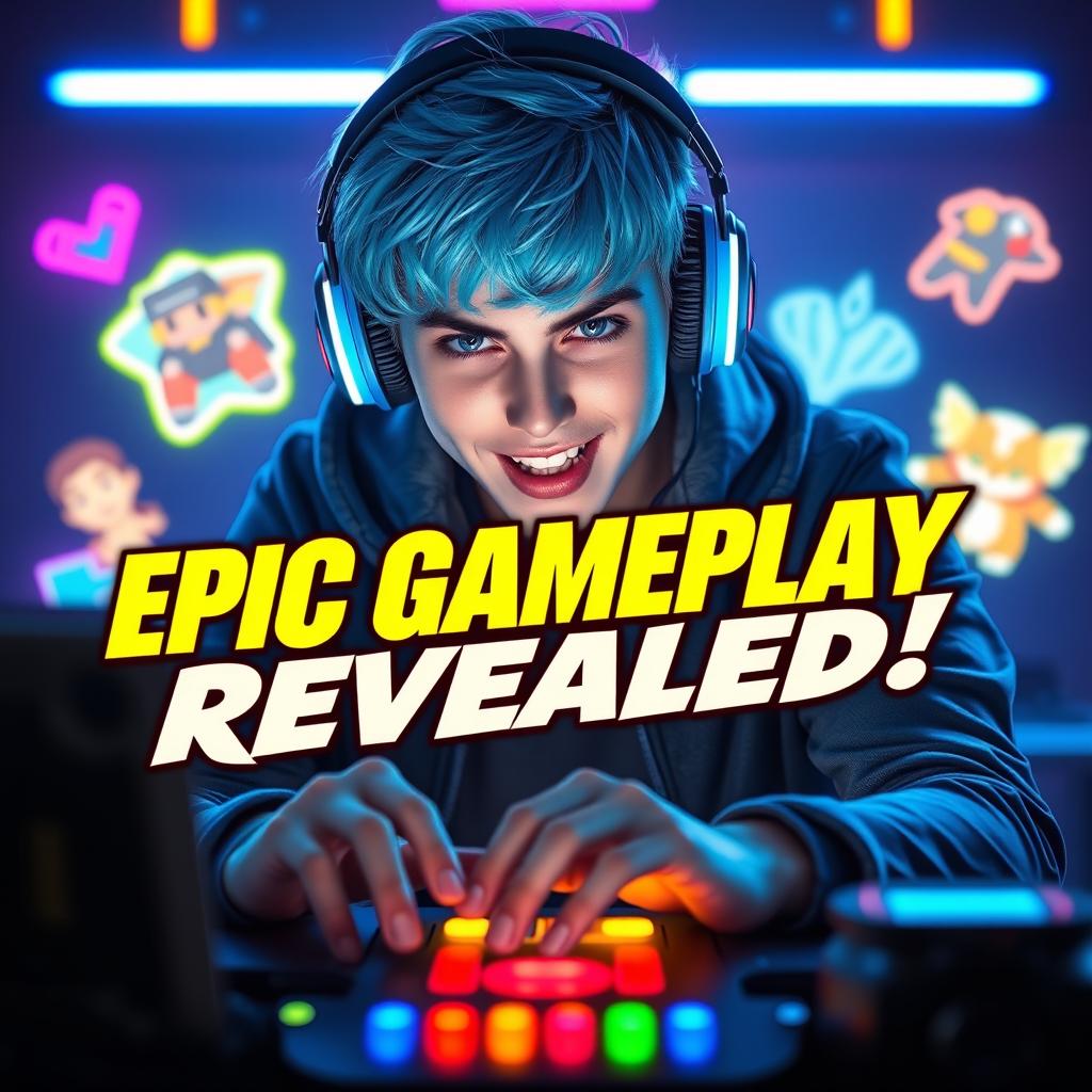 A vibrant and eye-catching YouTube thumbnail featuring a confident young adult male gamer with bright blue hair and stylish anime-inspired headphones